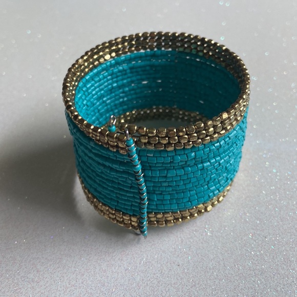Teal and Gold Beaded Bangle Cuff Bracelet - Picture 3 of 3
